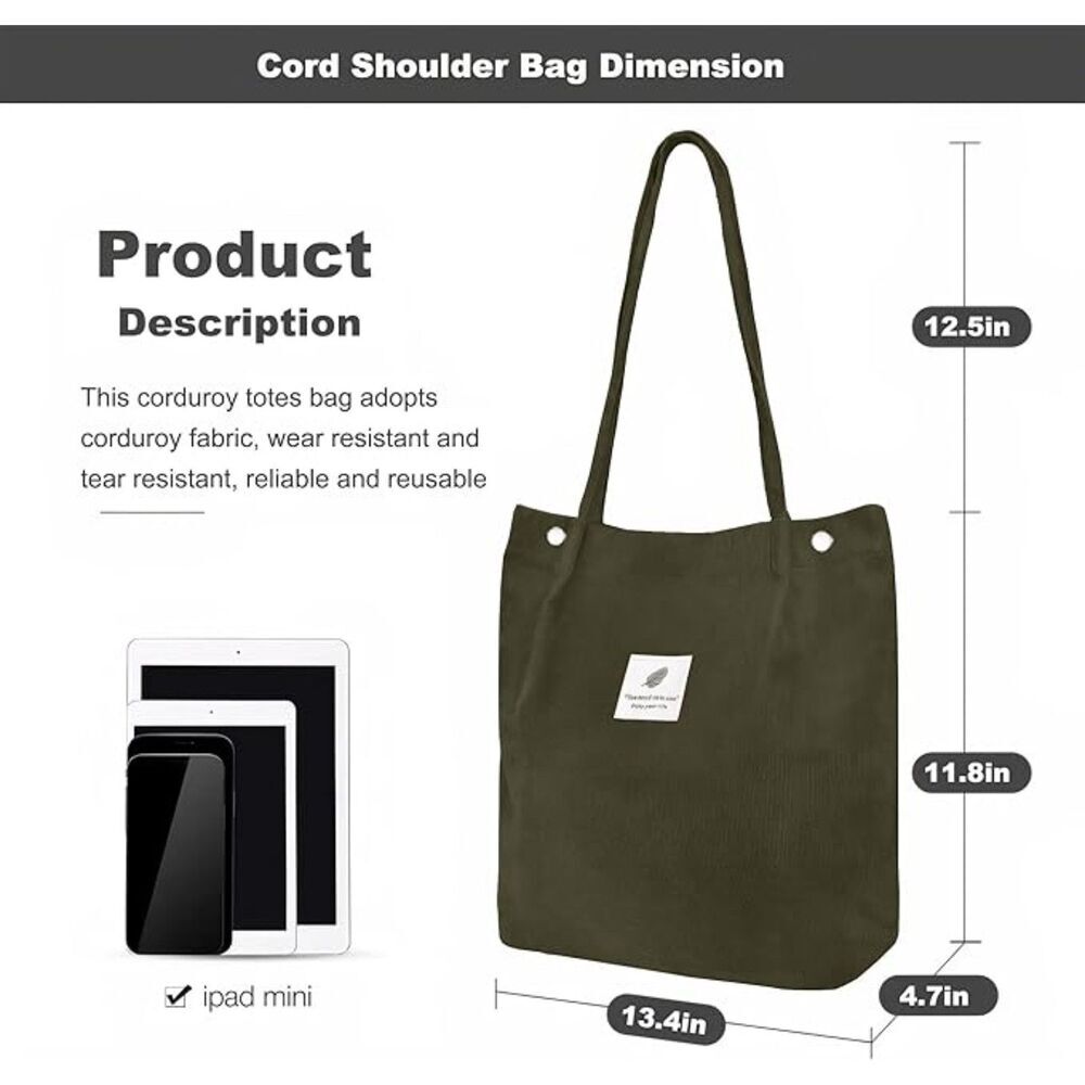 Women Army Green Imported Corduroy Small Canvas Shoulder Handy Tote Bag - Picture 3 of 4